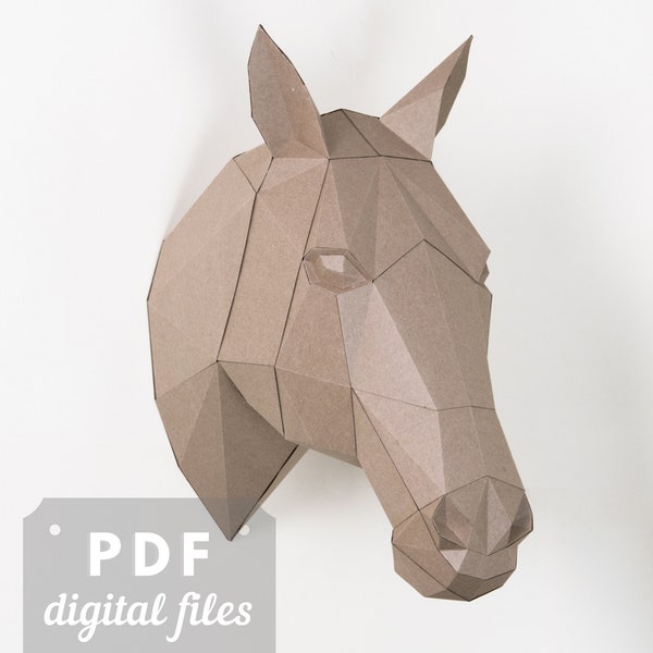 Pferdekopf 3D Papercraft Sofort download, 3D Wandkunst, Pferdekopf Papierkunst, Geschenk für Pferdeliebhaber, Bauernhaus Wanddekor.