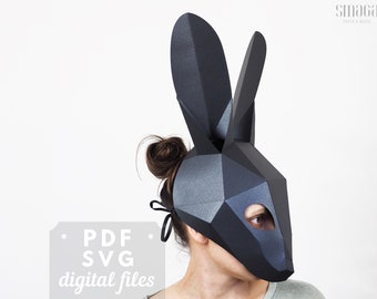 Rabbit mask template: paper mask, 3D papercraft mask, low poly mask, animal mask halloween, carnival, DIY cosplay costume, masquarade mask.