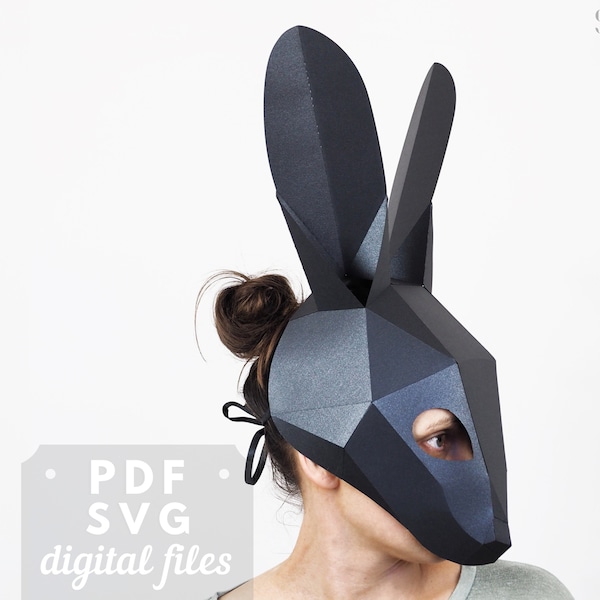 Rabbit mask template: paper mask, 3D papercraft mask, low poly mask, animal mask halloween, carnival, DIY cosplay costume, masquarade mask.