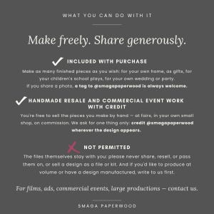 Może przedstawiać: Ciemnoszara infografika z białym tekstem zatytułowana WHAT YOU CAN DO WITH IT. Zawiera zasady użytkowania, w tym Make freely. Share generously., INCLUDED WITH PURCHASE, HANDMADE RESALE AND COMMERCIAL EVENT WORK oraz NOT PERMITTED.