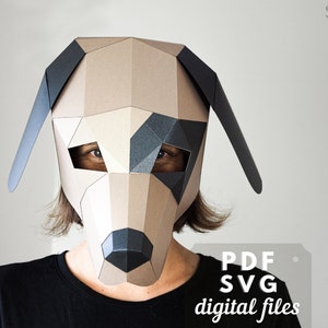 Dog mask papercraft, DIY Paper Mask template, Halloween Jack Russell Costume, PDF and SVG Cricut files. Low poly Puppy mask.