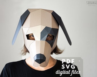 Dog mask template, Papercraft DIY costume, PDF and SVG Download, Low poly paper mask.