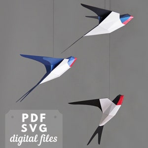 Ptak z papieru, mobilny ptak 3d DIY. Szablon rzemiosła papierowego Swallow: PDF i SVG. Wydrukowalny mobilny ptak wiszący.
