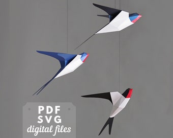 3d bird paper sculpture art. Swallow papercraft template: PDF and SVG. Printable hanging bird mobile.