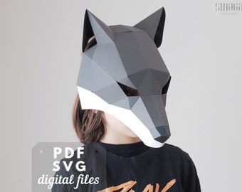 Modèles SVG et PDF de masque de loup. Déguisement Papercraft DIY pour enfants. Masque low poly, tête de loup, masque de festival.
