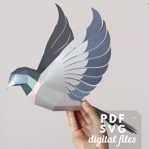 Pájaro, paloma, tórtola en papel 3D, archivo PDF y SVG. Origami de papel de baja poli, patrón de pájaro volador.