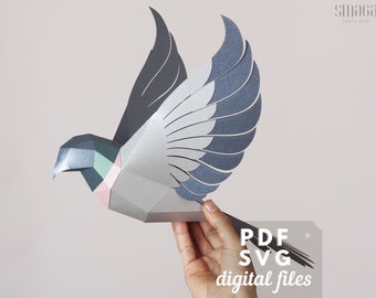 3d paper bird sculpture. Pigeon, dove 3d papercraft PDF and SVG file. Low poly origami bird.