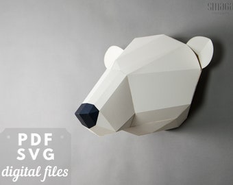 Polar bear, low poly papercraft 3d, printable papercraft. White bear 3d wall art. Scandinavian decor.