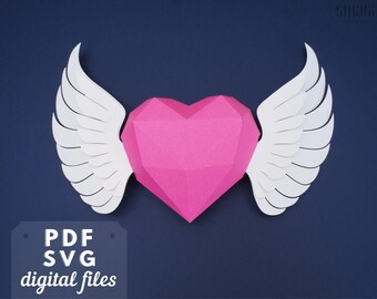 Low poly papercraft Heart with wings. DIY papercraft sculpture PDF and SVG.