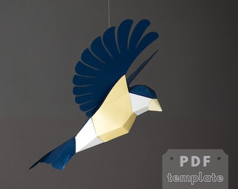 Pájaro 3d herrerillo azul. Manualidades con papel de bricolaje. Arte de pájaro de origami 3d. Plantilla de papercraft de baja poli.