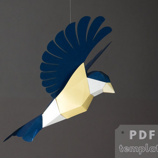 Blue tit 3d bird. DIY Papercraft. 3d origami bird art. Low poly papercraft template.