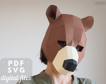 Bear low poly mask. Perfect for festival, Haloween, cosplay. Bear SVG and PDF face mask pattern.