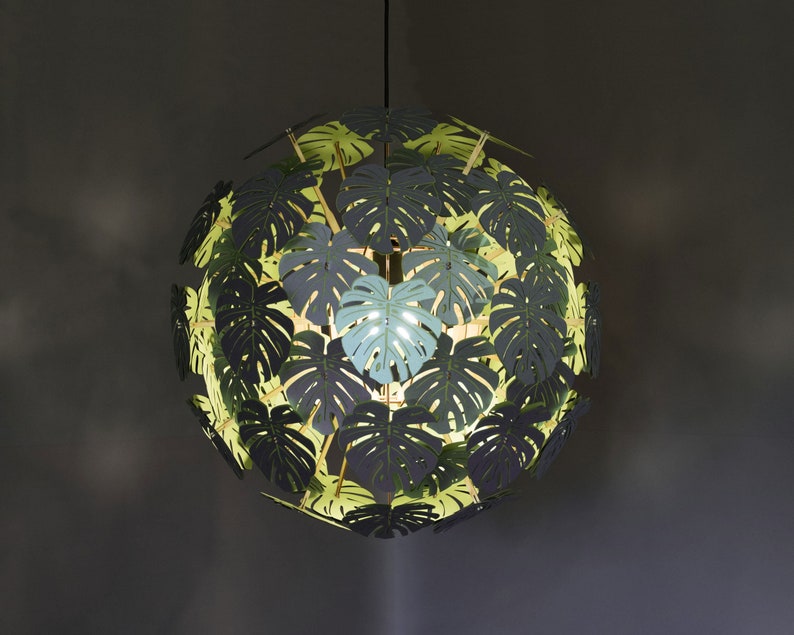 16 Zoll/41cm Durchmesser. Monstera, Lampenschirm aus Papier. Tropisches Dekor, Papier-Leuchterbeleuchtung. Bild 4