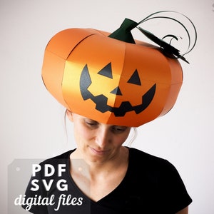 Disfraz de calabaza para Halloween, sombrero de calabaza: manualidades en papel en 3D, descarga instantánea de archivos PDF y SVG. Máscara de calabaza DIY