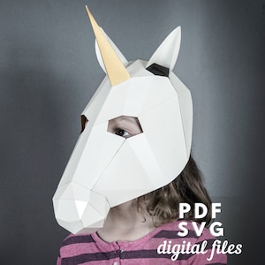 Printable Unicorn Mask. Low poly mask, Unicorn papercraft, masquerade mask, DIY craft, SVG and PDF files
