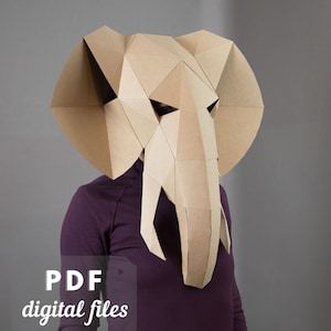 Patrón de máscara de elefante, manualidades de papel para hacer tú mismo. Plantilla PDF imprimible, disfraz geométrico de animal, descarga instantánea.