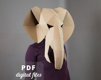 Elephant Mask pattern, DIY Papercraft. Printable PDF Template, Geometric Animal Costume, Instant Download.