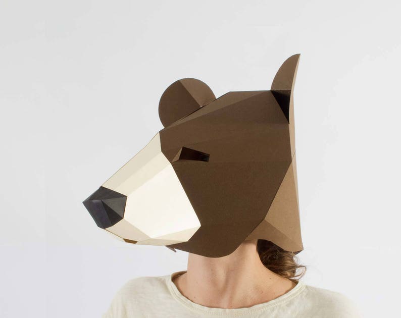 Bear mask, low poly mask for a kids dess up. Papercraft mask pdf pattern. image 5