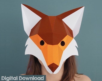 Máscara de zorro, máscara de Papercraft. Fantástico señor Fox, disfraz de Halloween. Máscara de animales.