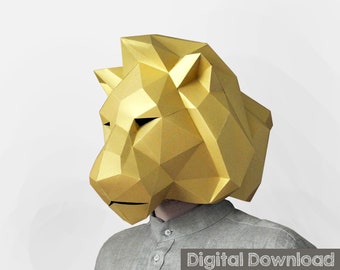 Lion mask, halloween costume. Animal mask, papercraft mask. Lion head, masquerade mask men. Instant Download