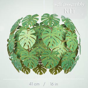 Monstera lampshade, 16 in | 41 cm Ceiling light fixture, Green Paper hanging lighting, Small Tropical Chandelier DIY KIT.