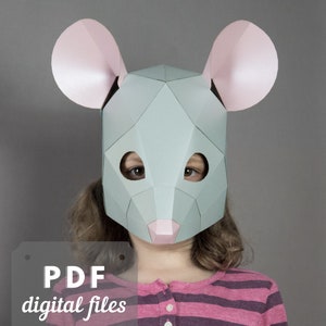 Mouse mask for a kids costume. Papercraft pdf low poly mask. Make your own mask for a mouse costume, rat mask, masquerade mask.