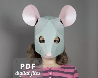 Masque de souris pour un déguisement d'enfant. Masque papercraft pdf low poly. Faites votre propre masque pour un costume de souris, un masque de rat, un masque de mascarade.