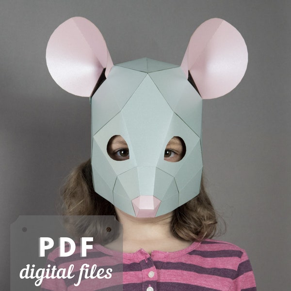 Mouse mask for a kids costume. Papercraft pdf low poly mask. Make your own mask for a mouse costume, rat mask, masquerade mask.