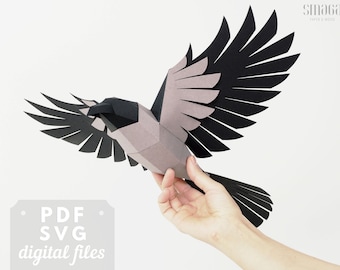 Crow papercraft 3d. Low poly flying bird. Black bird sculpture, DIY dark academia decor!