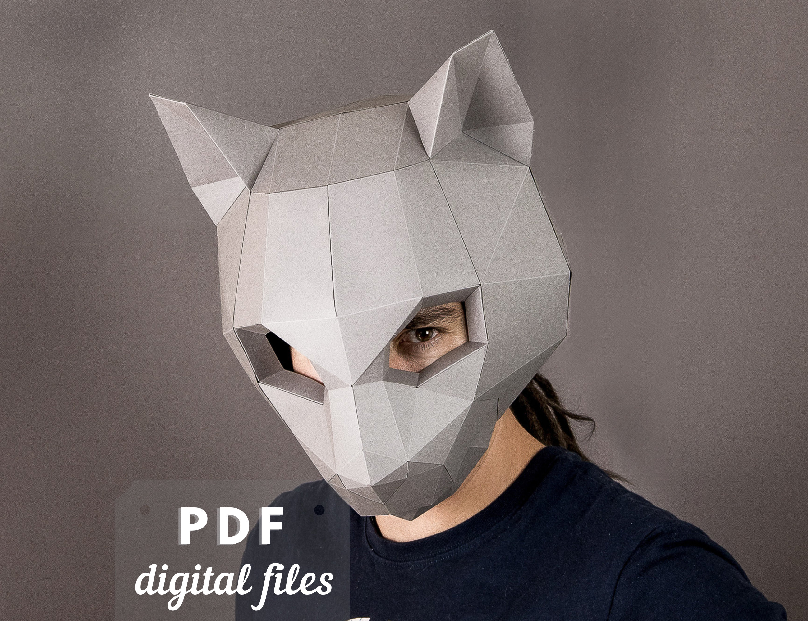 Nekomata Yokai Cat Mask Head Mask 3D Low Poly DIY Papercraft PDF