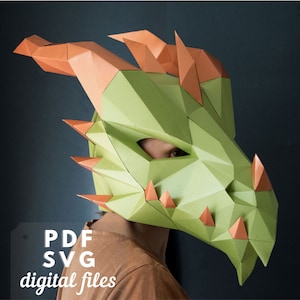 Dragon papercraft mask, Instant download. DIY Halloween costume. Printable PDF and SVG files for Cricut.