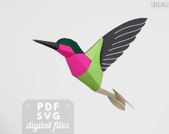 Hummingbird SVG and PDF template. Colibri 3d papercraft, Low poly paper bird.