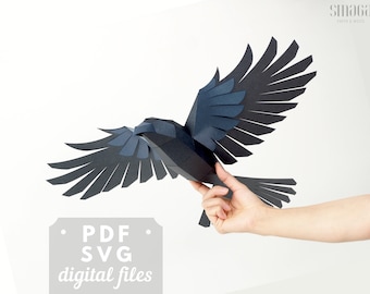 Raven Sculpture, 3D Papercraft Bird. Paper Crow SVG & PDF pattern. Dark academia, Gothic, Halloween decor.