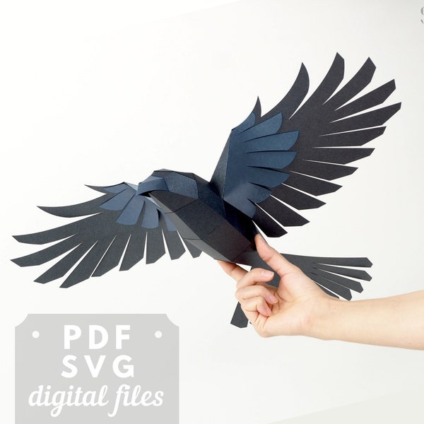 Raben Skulptur, Papercraft DIY. Low-Poly Vogel, Krähe SVG und Papercraft PDF Vorlage. Düstere Wissenschaft, Gothic Wohnkultur, Halloween Dekor.