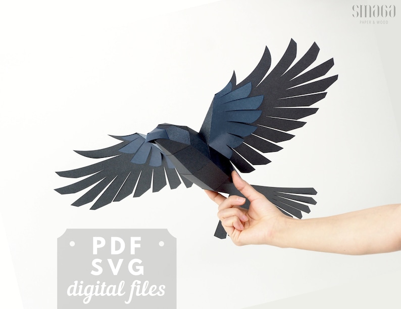 Escultura de cuervo, pájaro de papel 3D. Patrón SVG y PDF de cuervo de papel. Academia oscura, gótico, decoración de Halloween. imagen 1