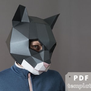 Máscara de gato hecha de papel, manualidad DIY imprimible, disfraz de animal para cosplay o fiesta, máscara de baja poli.