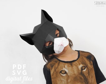 Kids Cat paper mask SVG and PDF pattern. Papercraft 3d animal mask. Low poly paper craft mask.