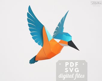 Kingfisher papercraft bird. 3d paper craft bird, PDF & SVG template.