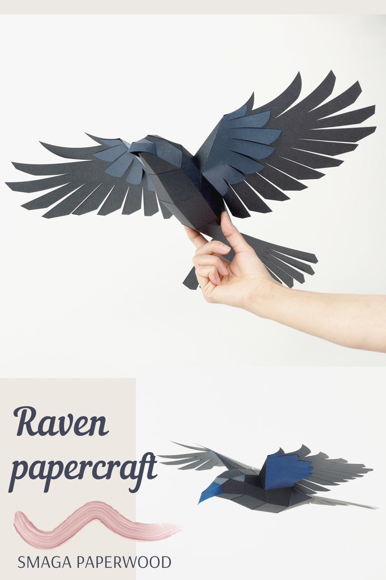 Escultura de cuervo, pájaro de papel 3D. Patrón SVG y PDF de cuervo de papel. Academia oscura, gótico, decoración de Halloween. imagen 7