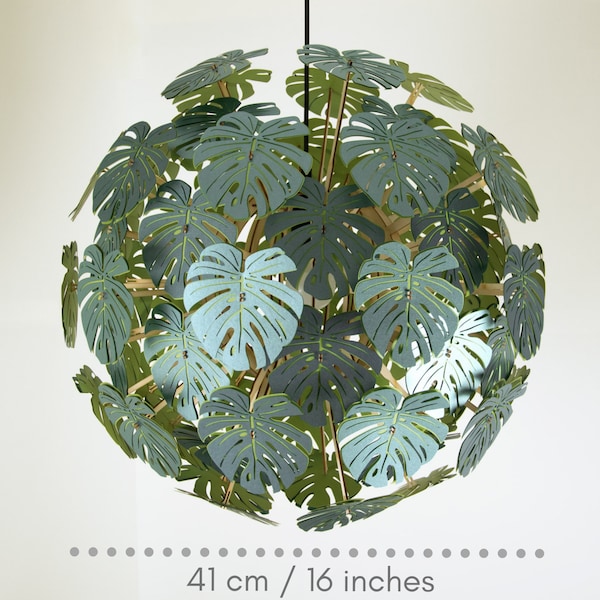 16 inch/41cm diameter. Monstera, paper lampshade. Tropical decor, paper chandelier lighting.