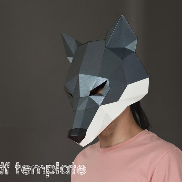 Masque de loup papercraft. Patron PDF Papercraft pour un masque de mascarade hommes et femmes. Créez votre propre costume de loup d'Halloween.