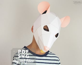 Patrón Papercraft Rat Mask: Tamaño niños y adultos. Plantilla PDF de disfraz de rata DIY y archivos SVG para Cricut. Divertido disfraz de mascarada de animales.