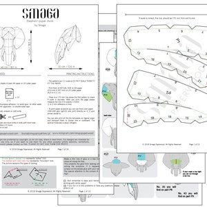 May include: A multi-page instructional document for an elephant paper mask by Smaga, featuring geometric diagrams, numbered assembly templates, a 170 mm scale reference line, and printed text detailing printing, cutting, and folding instructions.