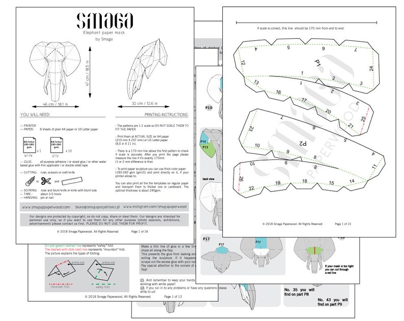 May include: A multi-page instructional document for an elephant paper mask by Smaga, featuring geometric diagrams, numbered assembly templates, a 170 mm scale reference line, and printed text detailing printing, cutting, and folding instructions.