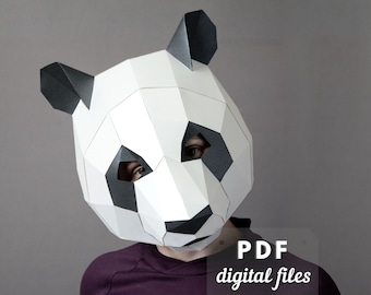 Panda Mask, DIY 3D mask, PDF Pattern, low poly mask, Paper Mask Template. Printable Animal Head. Panda Costume