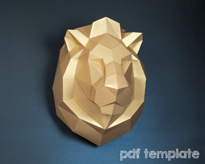 Lion 3d papercraft: Origami wall decoration. Printable animal sculpture, Unique DIY gift for him. image 1