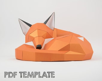 Sleeping Fox papercraft: DIY modern farmhouse decor, low poly sculpture, Adult craft idea.