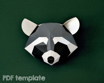 Printable Raccoon 3d wall art, DIY Papercraft PDF, Digital download, geometric animal for a woodland nursery.