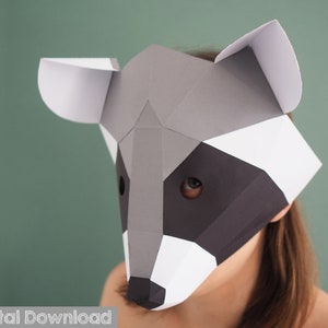 Raccoon papercraft mask. Low poly mask, halloween mask, kids mask.
