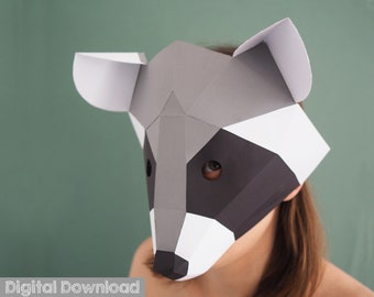 Raccoon papercraft mask. Low poly mask, halloween mask, kids mask.